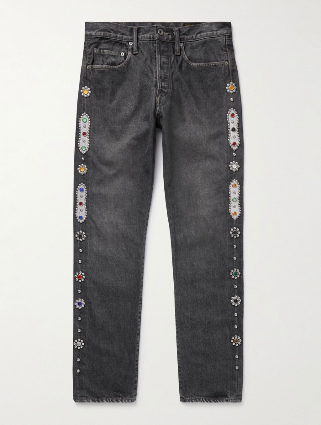 KAPITAL Monkey Cisco Straight-Leg Leather-Trimmed Embellished Jeans