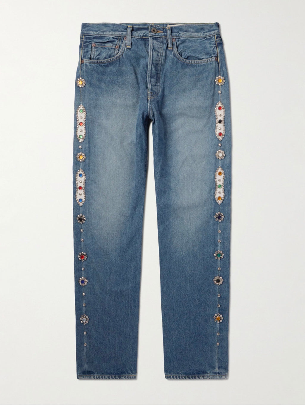 KAPITAL Monkey Cisco Straight-Leg Leather-Trimmed Embellished Jeans