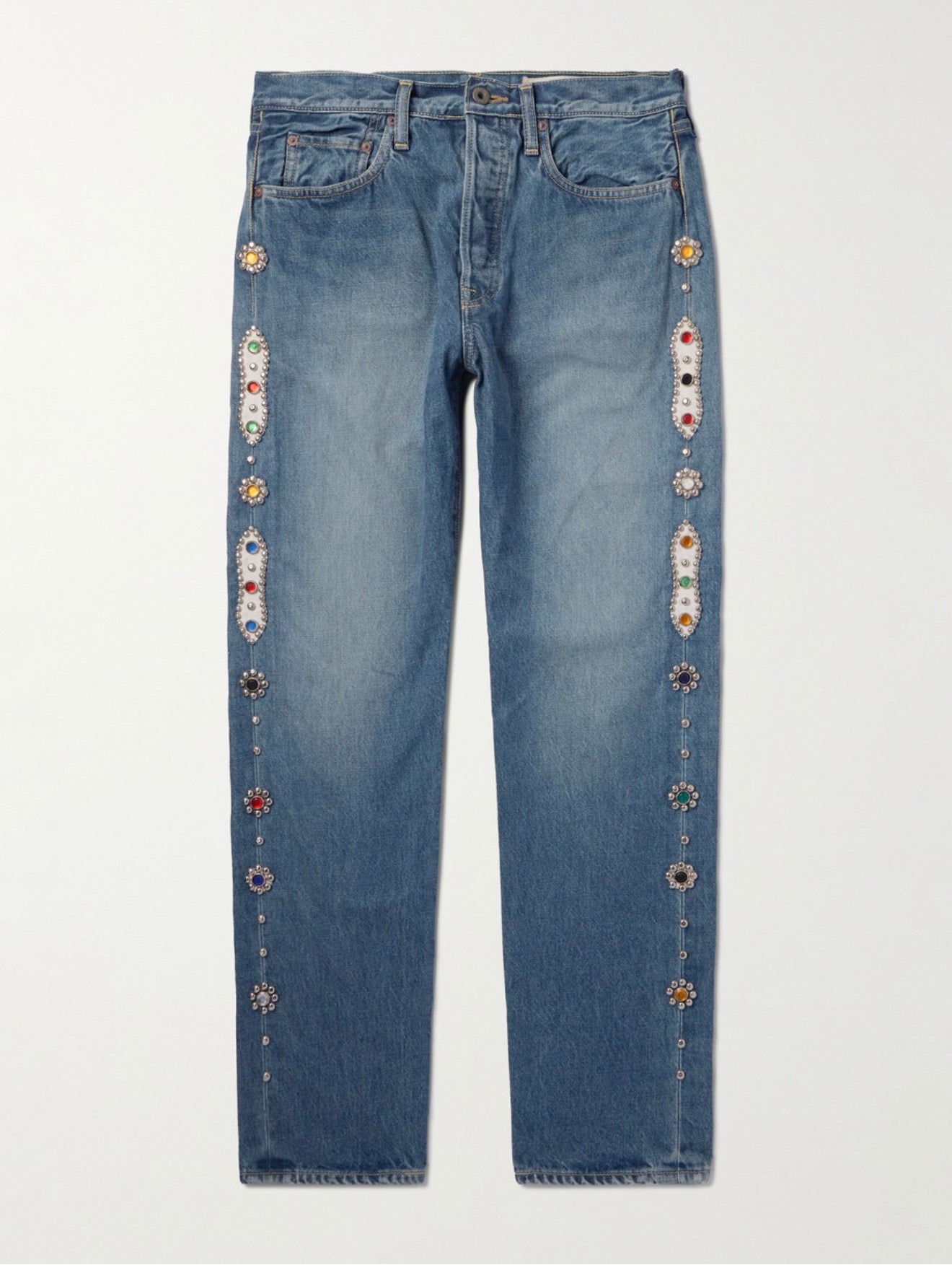 KAPITAL Monkey Cisco Straight-Leg Leather-Trimmed Embellished Jeans