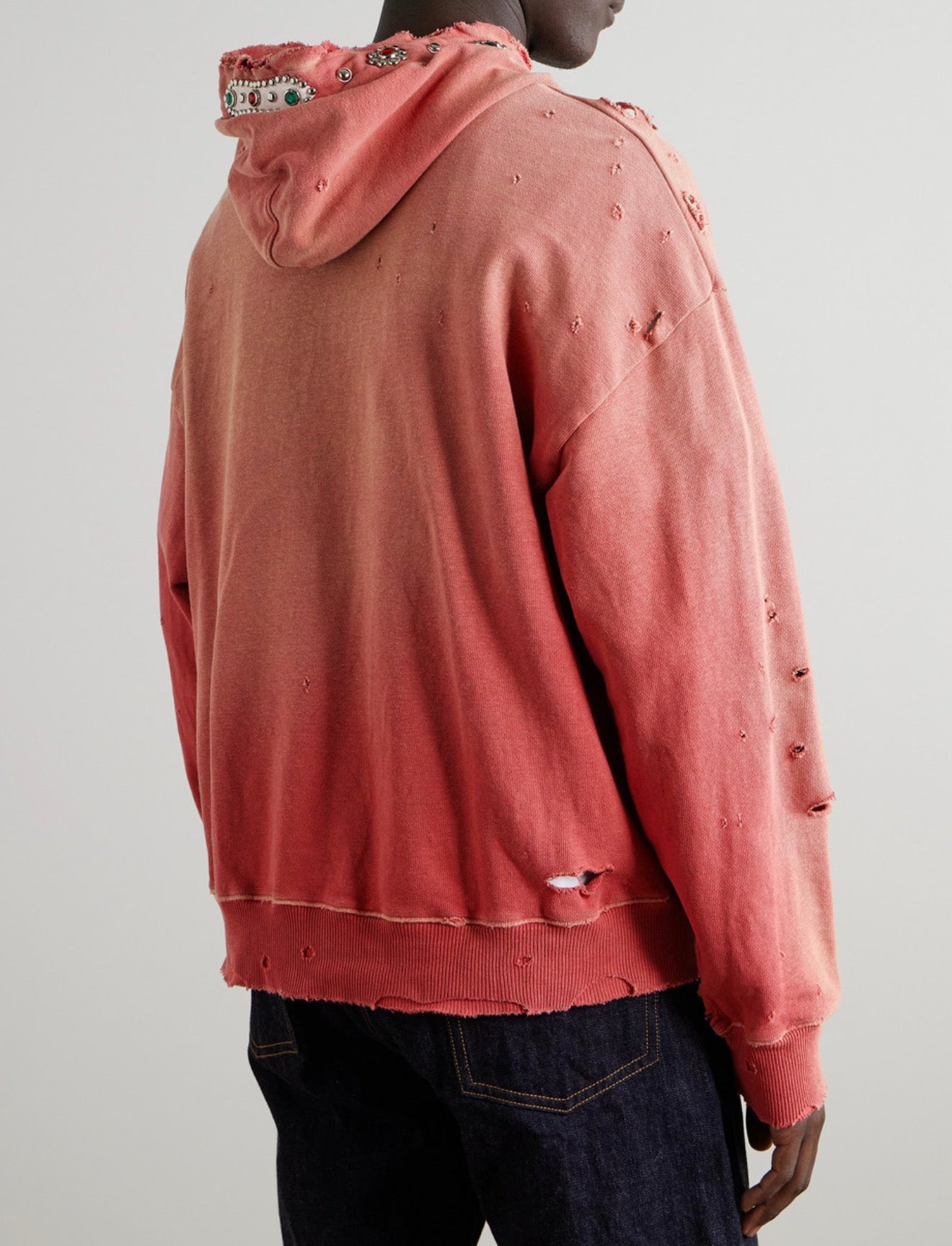 KAPITAL Embellished Suede-Trimmed Distressed Cotton-Jersey Hoodie