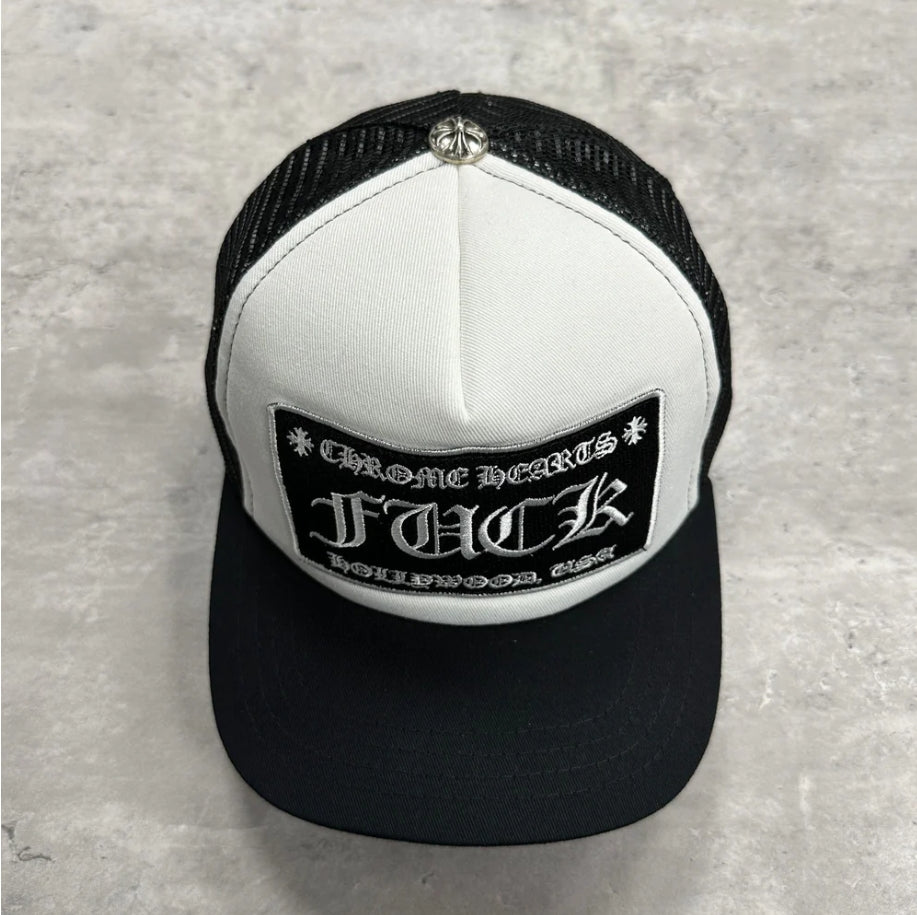 Chrome Hearts F U C K Hollywood Trucker Cap (White/Black)