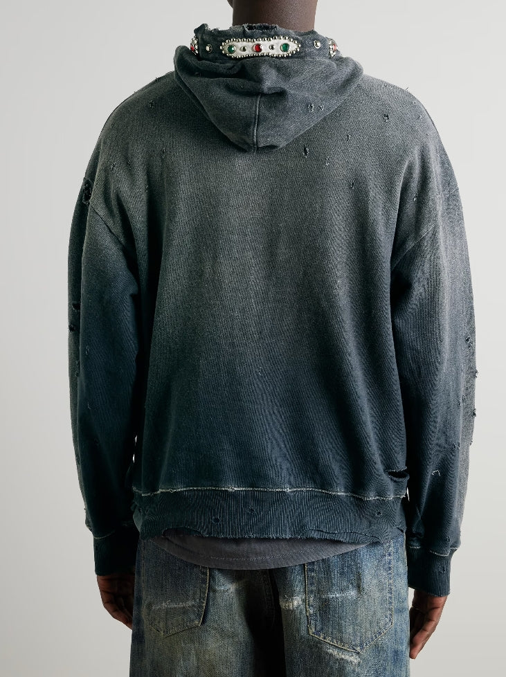 KAPITAL Embellished Suede-Trimmed Distressed Cotton-Jersey Hoodie